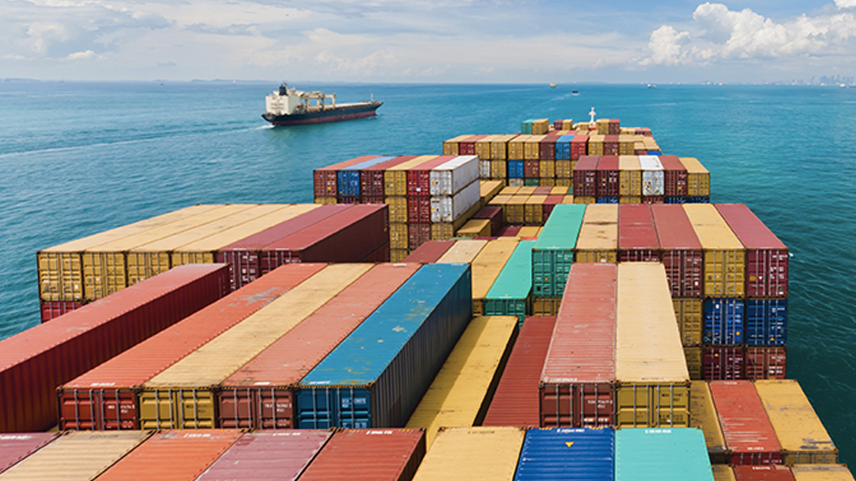 Cargo ships entering one of the busiest ports in the world, Singapore.