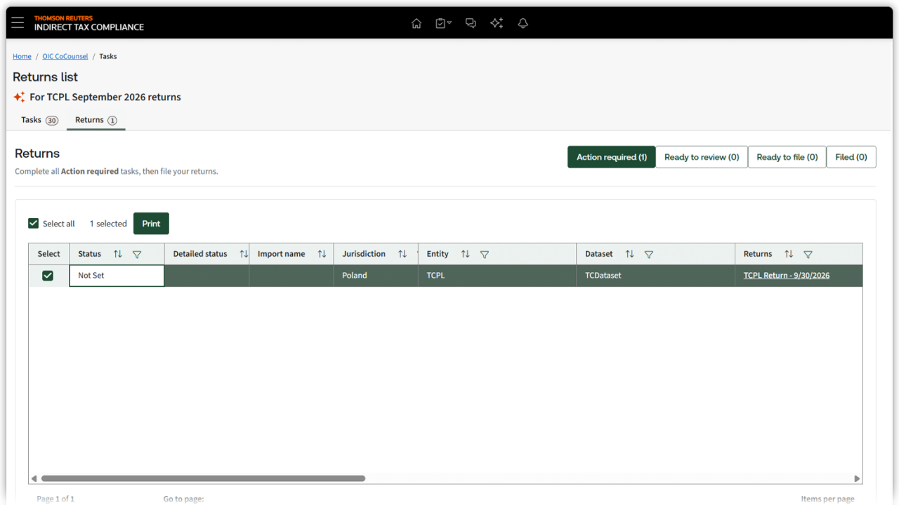Screenshot image showing Review-ready return packages of ONESOURCE Indirect compliance AI