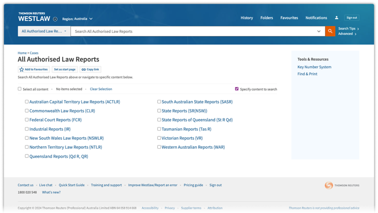 Screenshot image showing Authorised Law Reports in Westlaw Australia