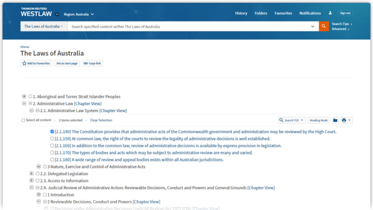 Screenshot image showing The Laws of Australia in Westlaw Australia