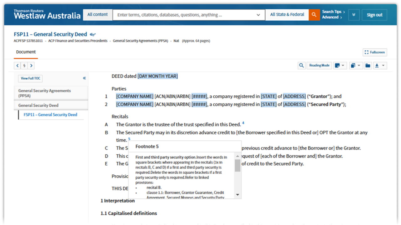 Screenshot image showing forms and precedents - Westlaw Australia
