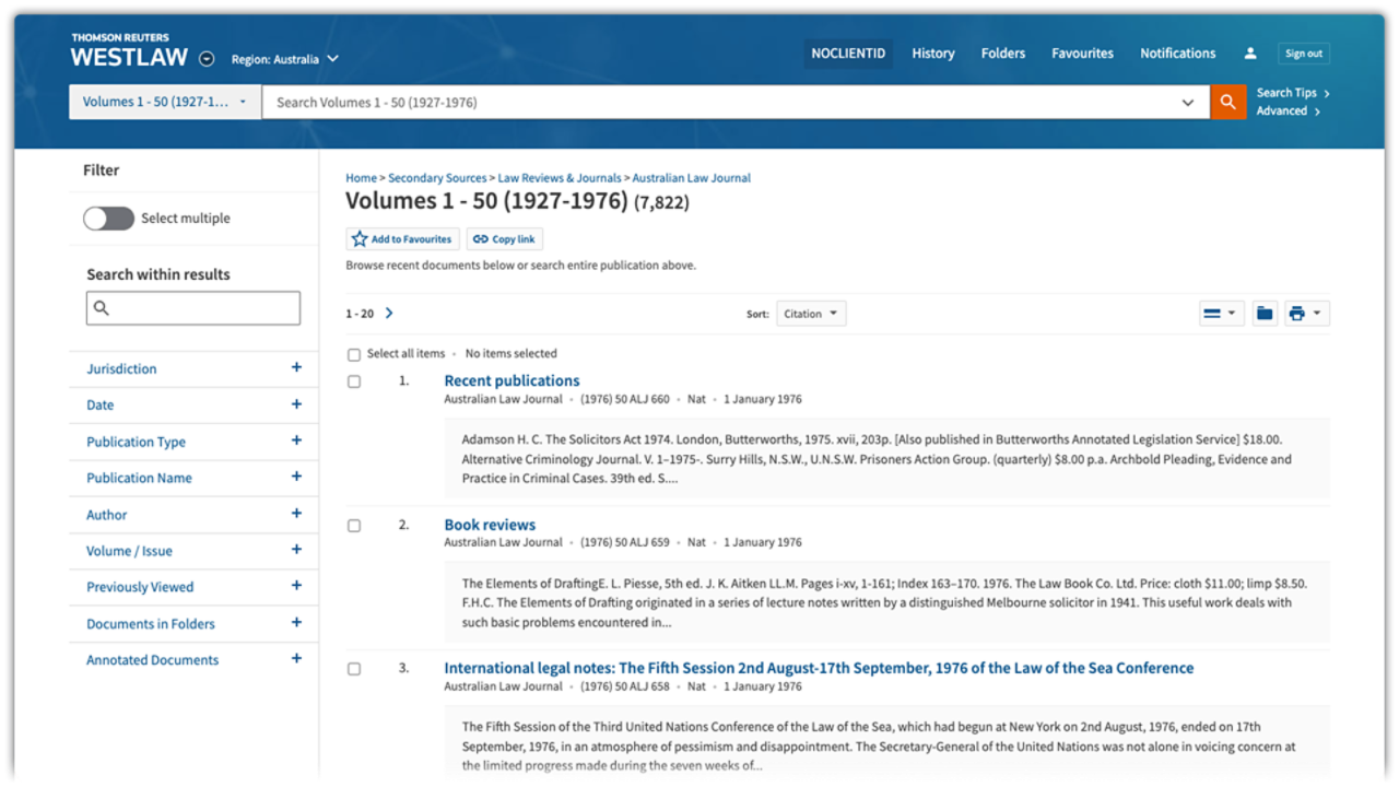 Screenshot image showing Australian Law Journals in Westlaw Australia