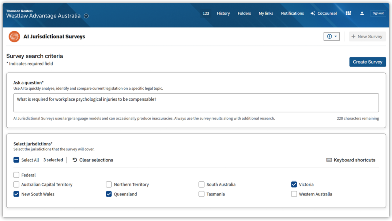 Screenshot image showing Westlaw Advantage Australia's Jurisdictional Survey