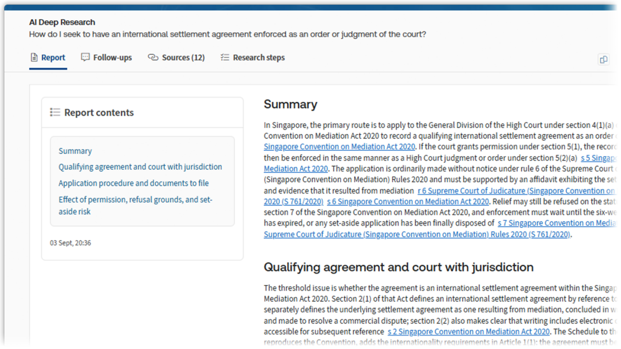Screenshot of how Westlaw Singapore delivers a cited report