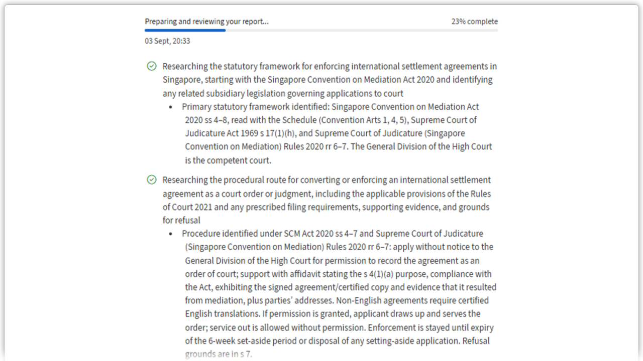 Screenshot of how Westlaw Singapore showing the research process behind the answer