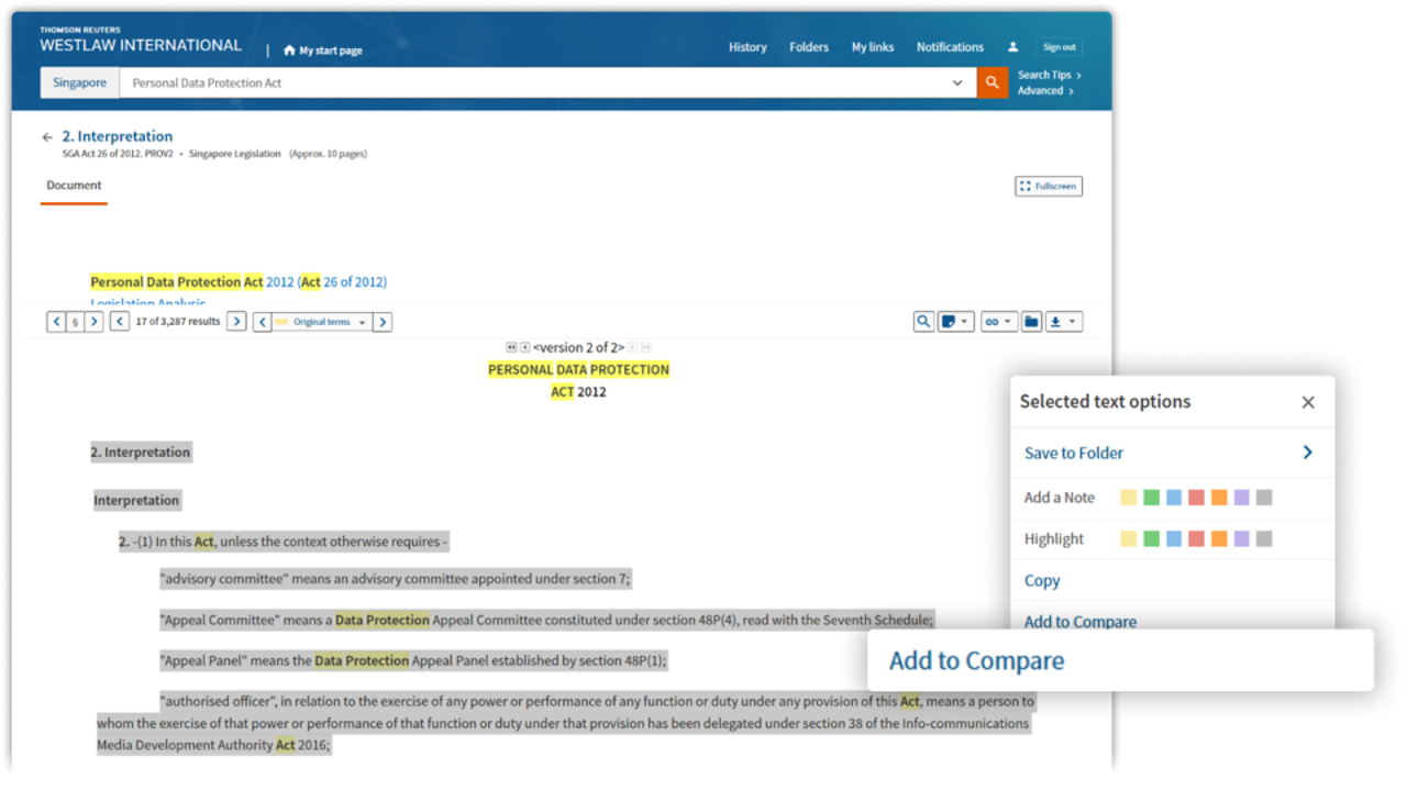 screenshot of Westlaw Singapore - Compare texts