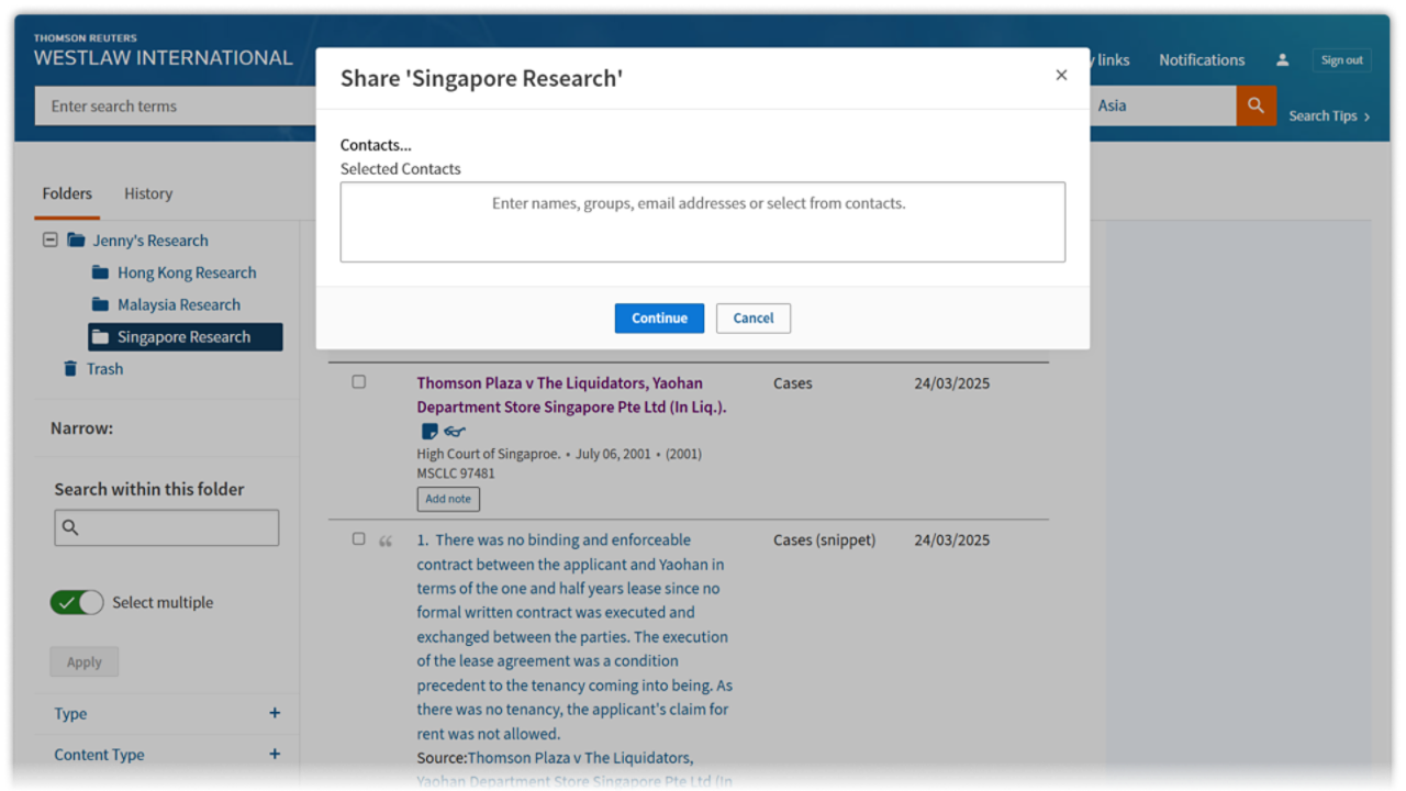 Screenshot of Westlaw Singapore - Dynamic collaboration tools