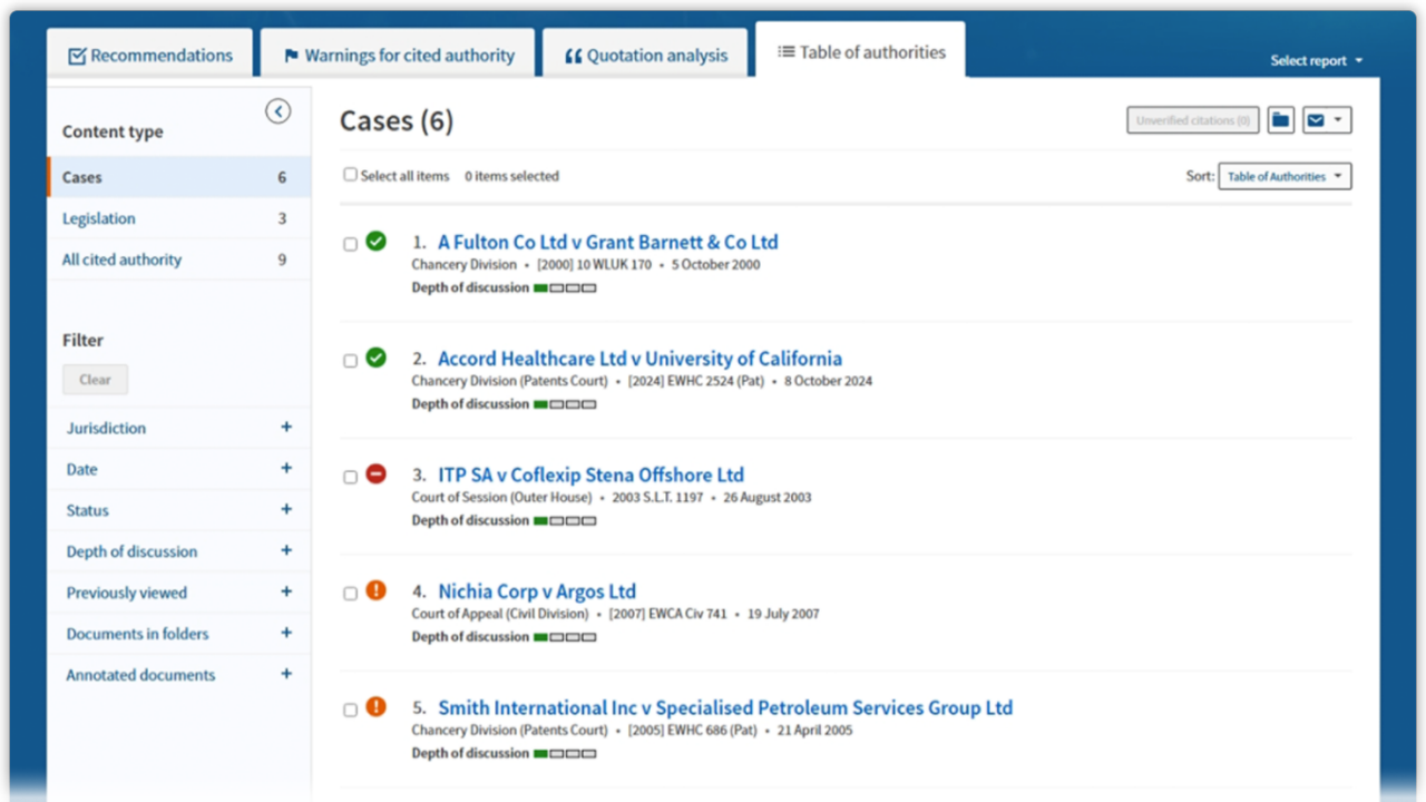 Screenshot of Westlaw Advantage UK's Litigation Document Analyser
