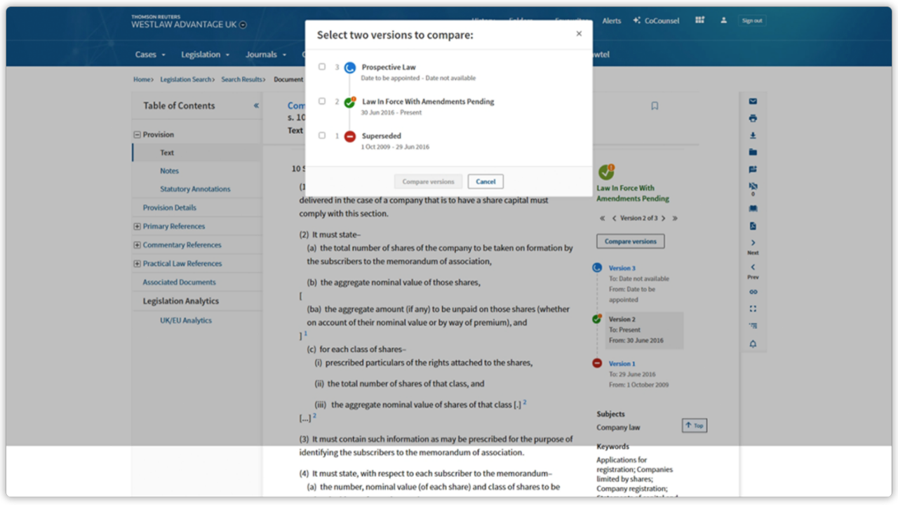 Screenshot of Westlaw Edge UK's Legislation Compare Tool