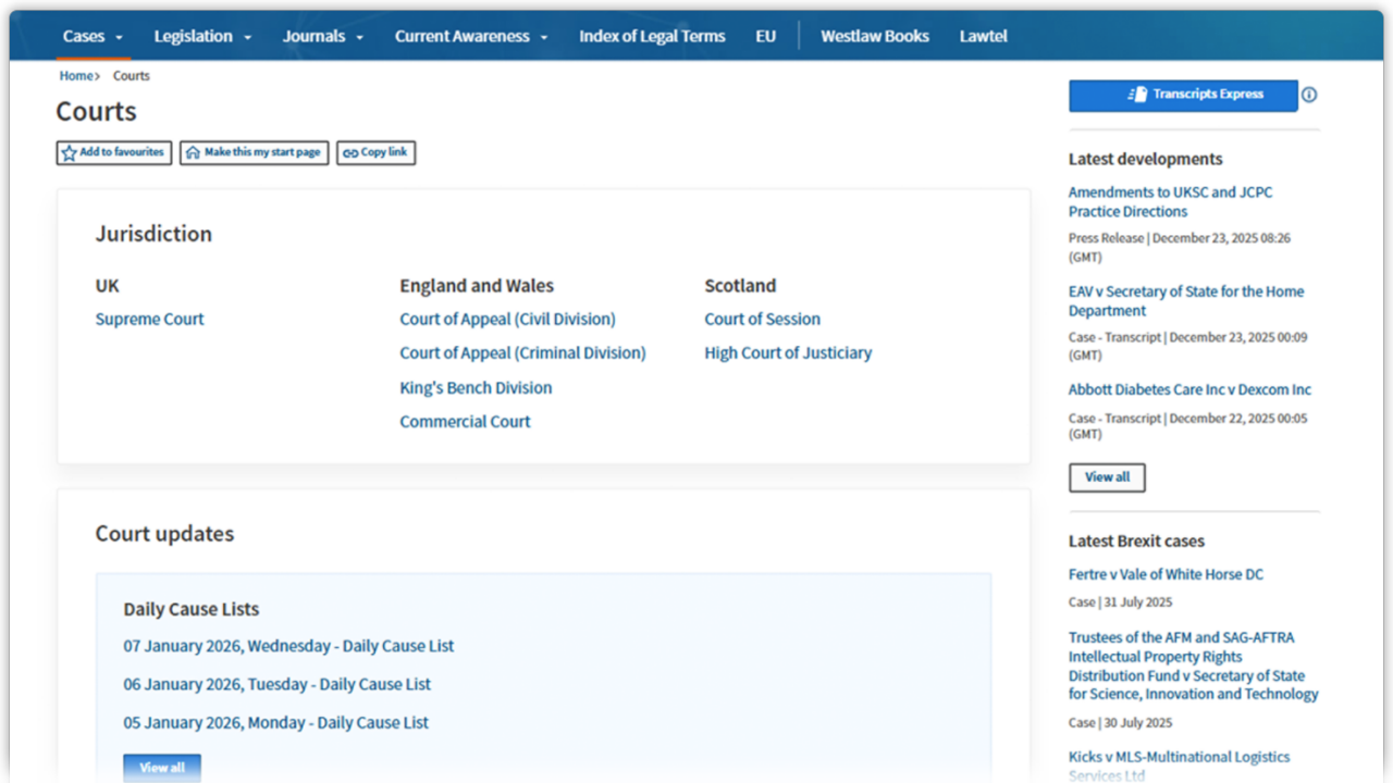Screenshot of Westlaw UK's Primary Law