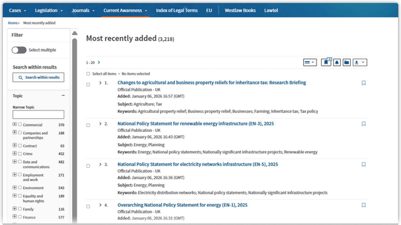 Screenshot of Westlaw Edge UK's current awareness